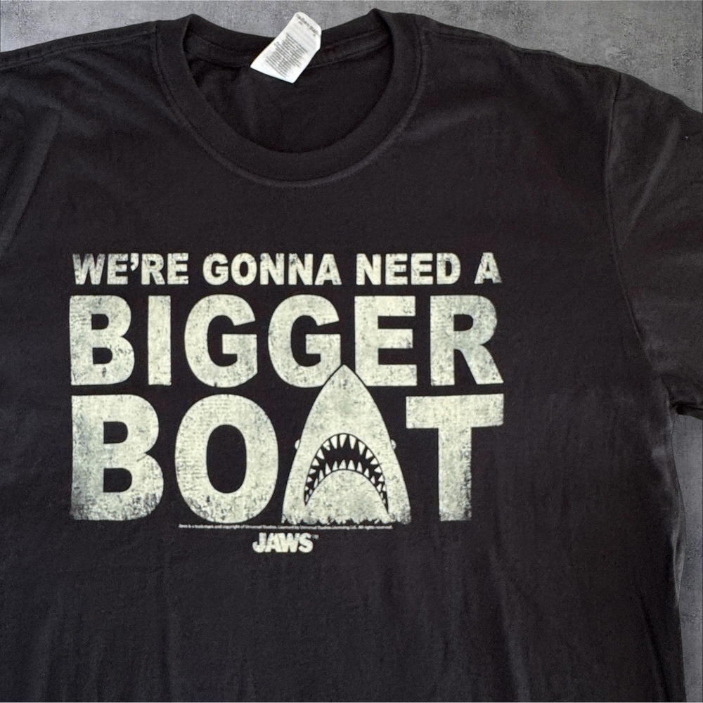 Jaws Bigger Boat T Shirt Mens Large Black Movie Quote Graphic Gildan Softstyle